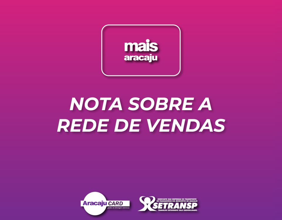 sobre degrade do rosa ao roxo, ícone do cartão mais aracaju e título, nota sobre a rede de vendas